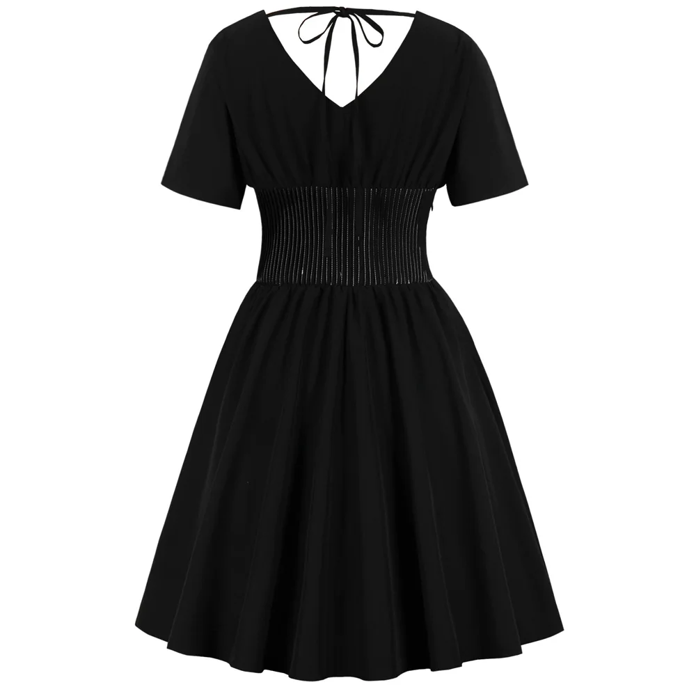 Женское винтажное платье Kenancy однотонное черное трапециевидной формы с v