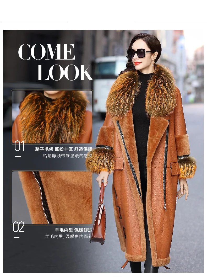NEW Real sheepskin jacket women plus size Luxury clothes European style Women's leather jackets Haute couture Raccoon fur collar