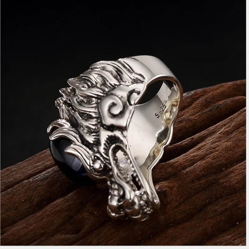 Uglyless Real S 925 Sterling Silver Natural Blue Chalcedony Men Rings Handmade Engraved Dragon Finger Ring Ancient Totem Jewelry | Украшения