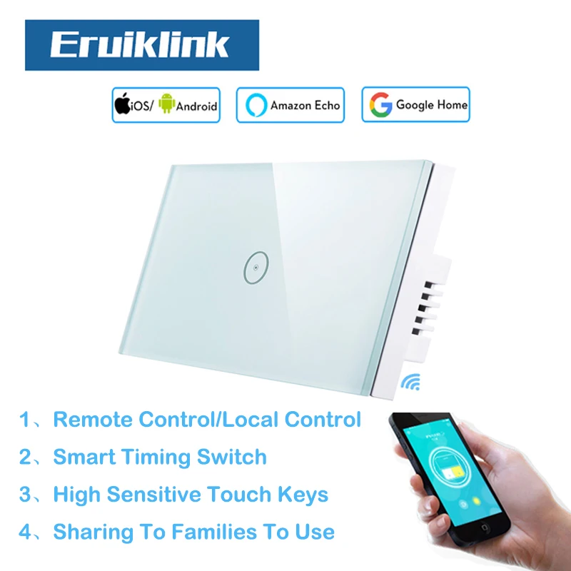 Eruiklink стандарт США 1 банда Wifi выключатель света для умного дома стеклянная панель