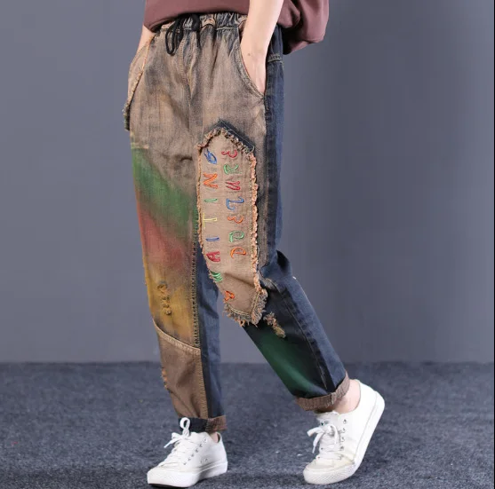 Autumn Denim Pants Women Loose Retro Elastic Waist Jeans Female New Embroidery Trousers Casual Embroidered Letter |