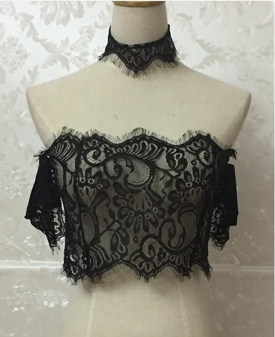 Кружевной кроп-топ сексуальная клубная майка женская футболка с лямкой на шее