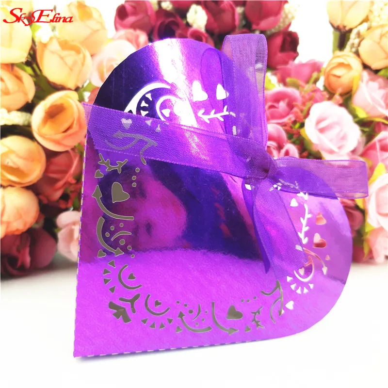 Bright Purple 10 шт./лот, коробка для конфет с сердечком, лазерная резка, свадебные украшения, праздничные вечерние украшения для крещения, 5ZSH152 - Цвет: Bright Purple