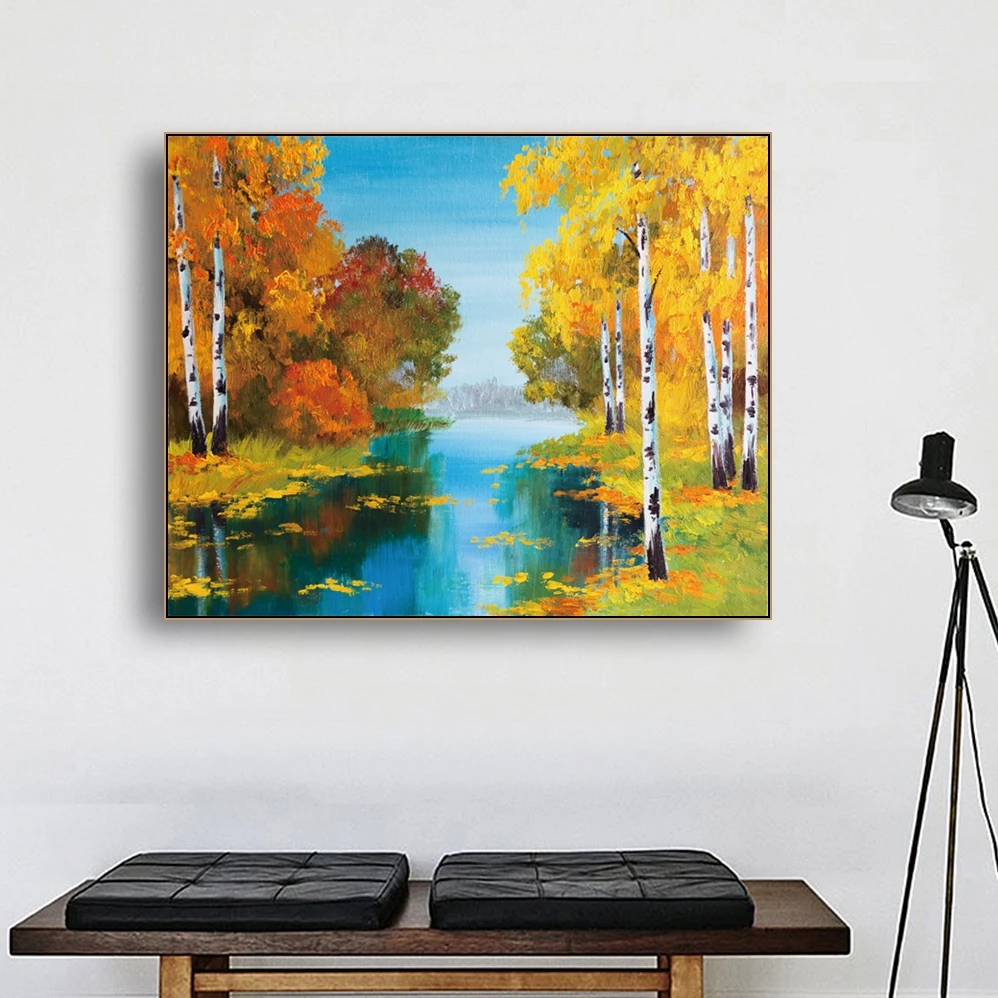 Laeacco Canvas Calligraphy Painting Birch Forest Near the River Posters and Prints Wall Artwork Pictures for Living Room Decor | Дом и сад