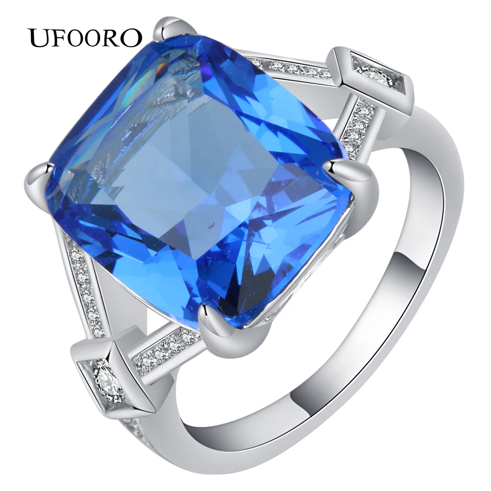 Blue CZ Gems Stone Trim Silver Plated Ring for women fashion accessories  lady party gift design Engagement Jewelry