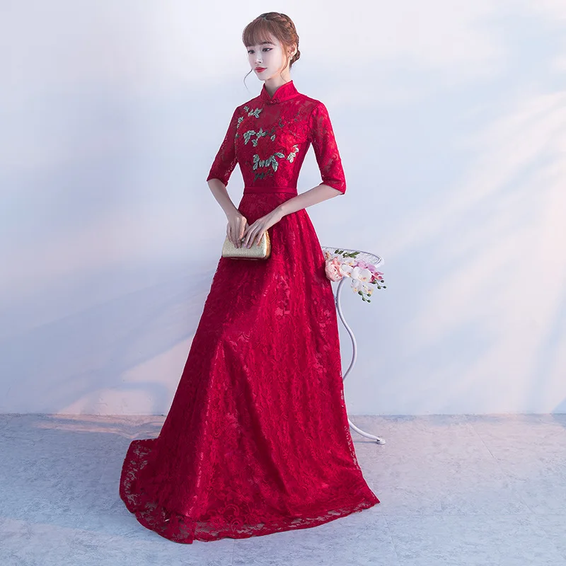Кружево Qipao Длинные невесты свадебное вечернее платье современные китайские