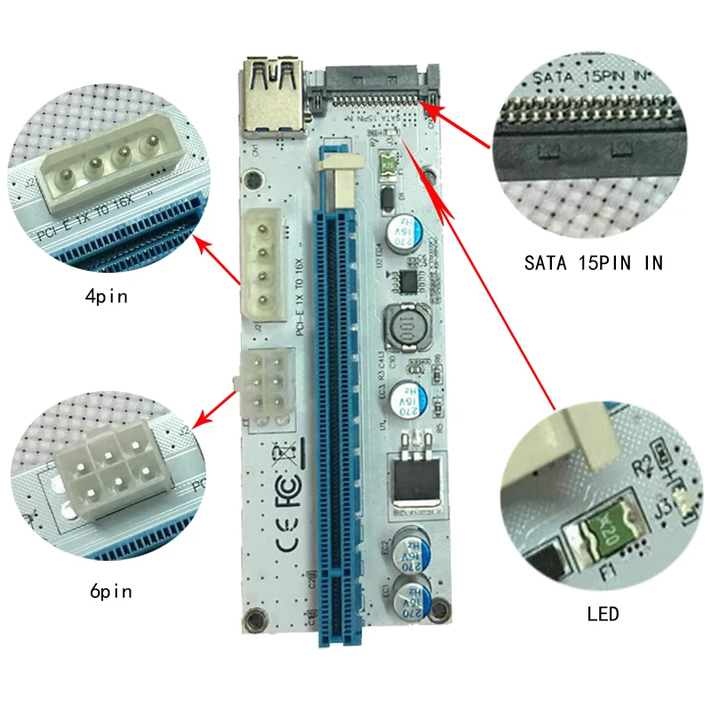 60 см PCI E Express 1X к 16X расширитель переходника адаптер USB 3 0 LED SATA 6 Pin кабель питания