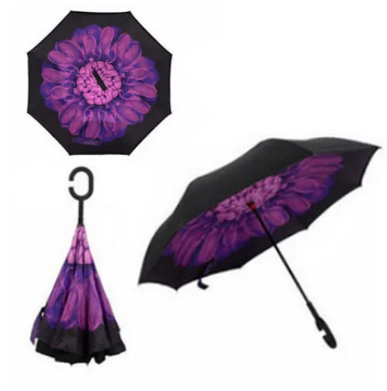Purple Flower Обратный зонт, неавтоматический зонтик для женщин, дождевик, реверсивная защита от ультрафиолета, ветрозащитные непромокаемые зонты с длинной ручкой - Цвет: Purple Flower