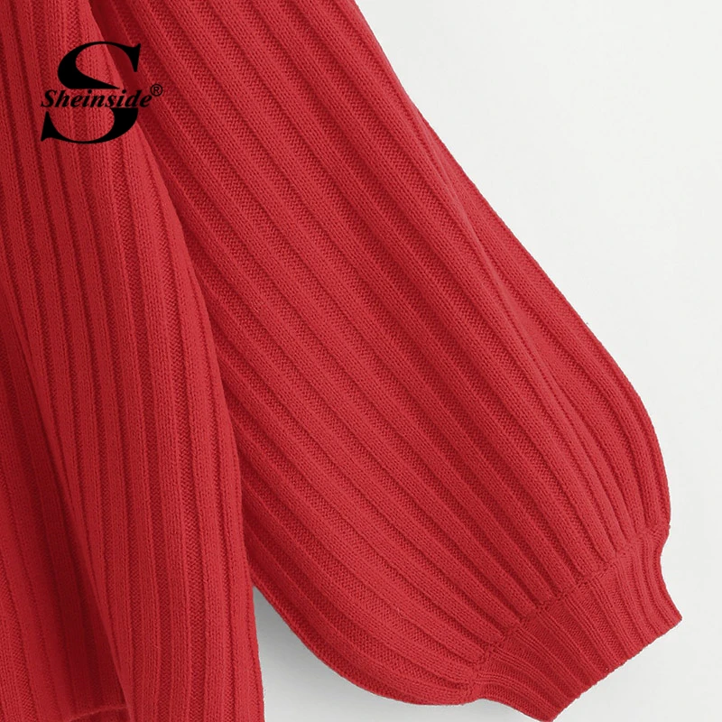 Sheinside, красный Одноцветный джемпер с рукавом Бишоп, круглый вырез, Женский Повседневный джемпер, новинка, Осенний укороченный пуловер, топы, вязаные элегантные свитера