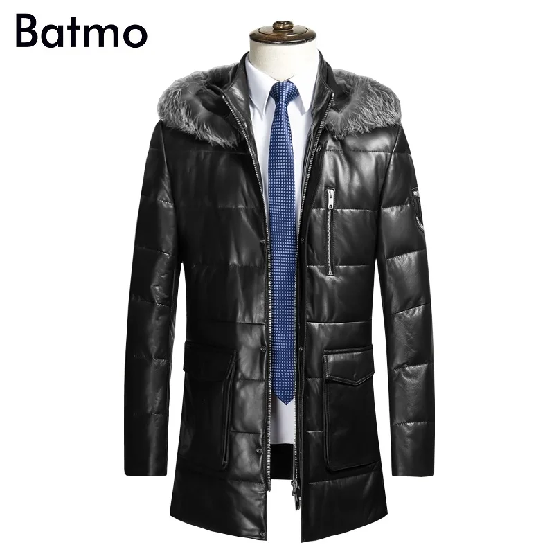 

Batmo 2017 new arrival high quality thick winter sheepskin white duck down hooded jacket men.natrual leather men
