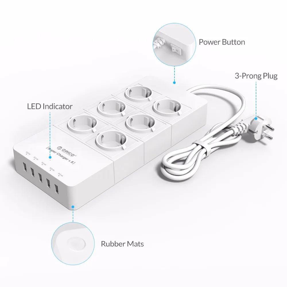 ORICO Smart Power Strip 6 AC 2500W Ports Surge Protection with 5 USB Charger 39W 1.5 Meter Cord | Мобильные телефоны и