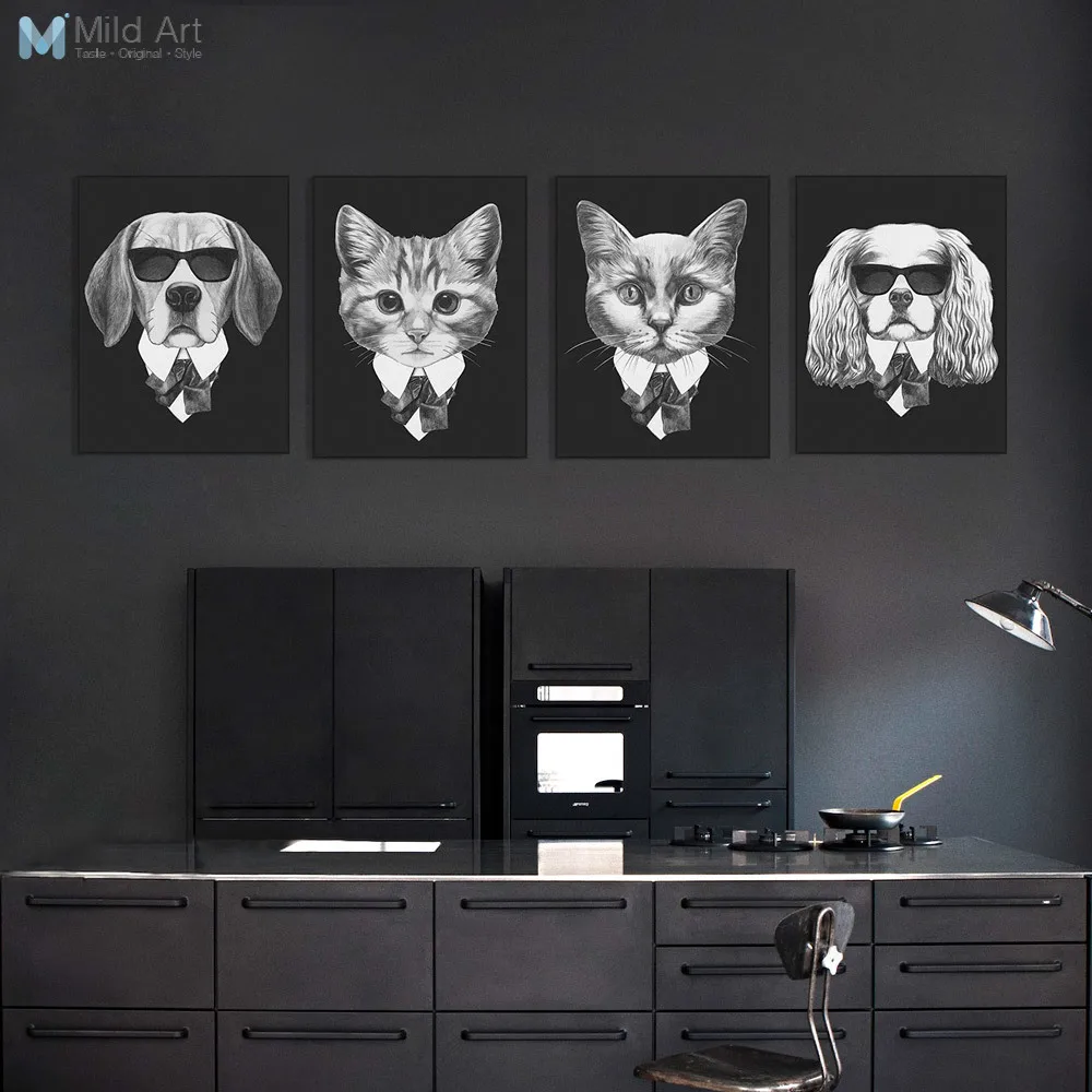 

Black White Fashion Mafia Hipster Animals Dog Cat Posters Prints Vintage Living Room Wall Art Picture Home Decor Canvas Painting