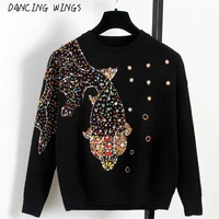 spring autumn long sleeve women sweater pullover goldfish embroidery bead sequin casual knitting tops