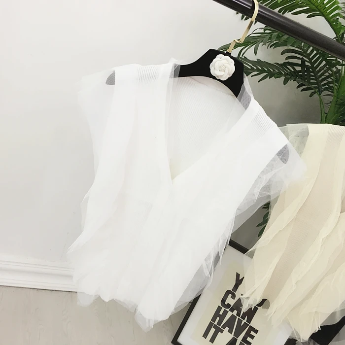 2017 Women Knitted Vest Shirts V Neck Mesh Patchwork Solid Short Style Woman Female Casual Summer Tank Tops |