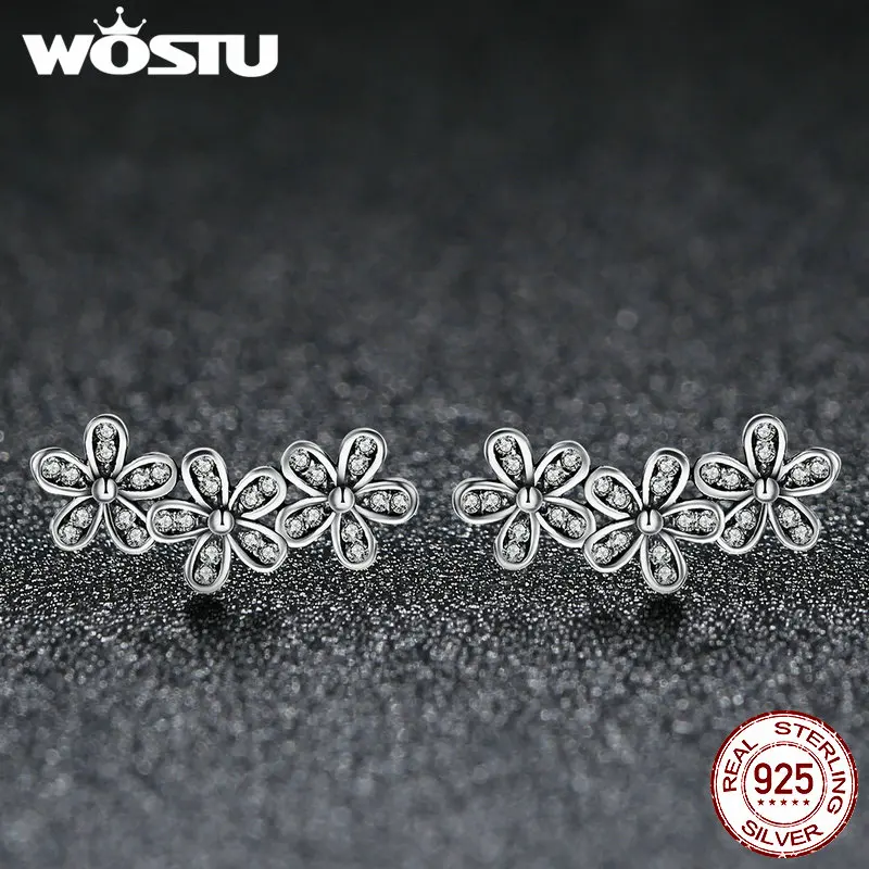 WOSTU, подлинные 925 пробы, серебряные, прозрачные, CZ, Ослепительная ромашка, сложенные цветы, серьги-гвоздики, оригинальные ювелирные изделия, женский подарок, XCHS506