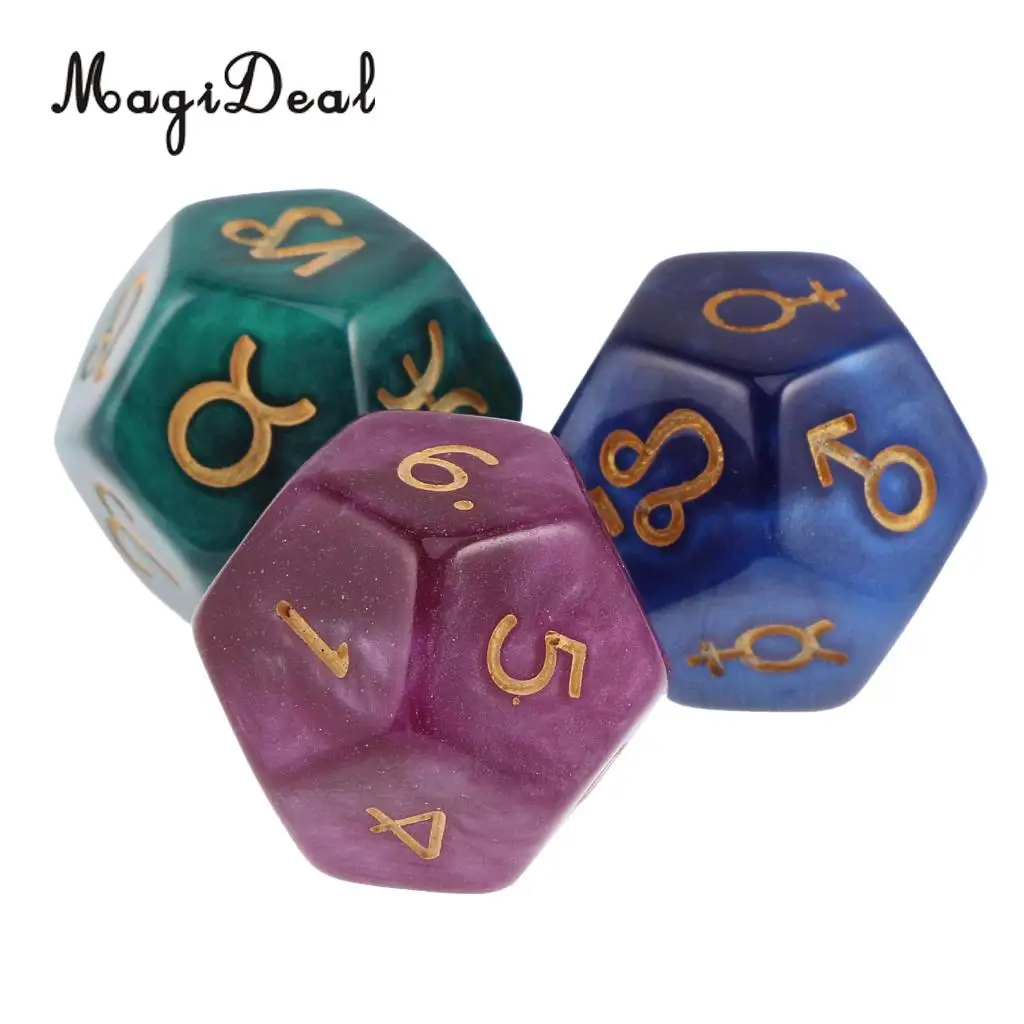 MagiDeal Novelty Pack of 3Pcs Pearl 12-Sided Astrology Digital Dice for Constellation Divination Toys Fun Family Club Game Gift | Спорт и