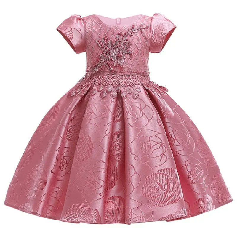 dark pink Платье с цветочным узором для девочек; детские шелковые платья с вышивкой и бисером; платья для девочек; праздничная одежда для девочек на день рождения - Цвет: dark pink