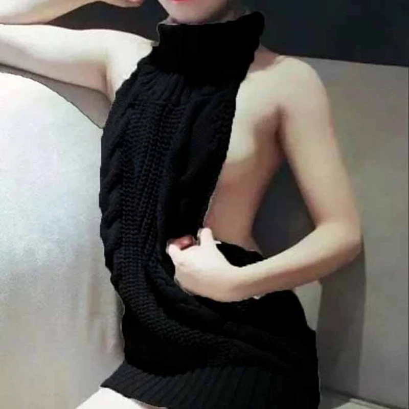 Japanes Knitted Sexy backless Women Sweaters And Pullovers Summ Turtleneck Sleeveless Long Virgin Killer Sweater | Женская одежда
