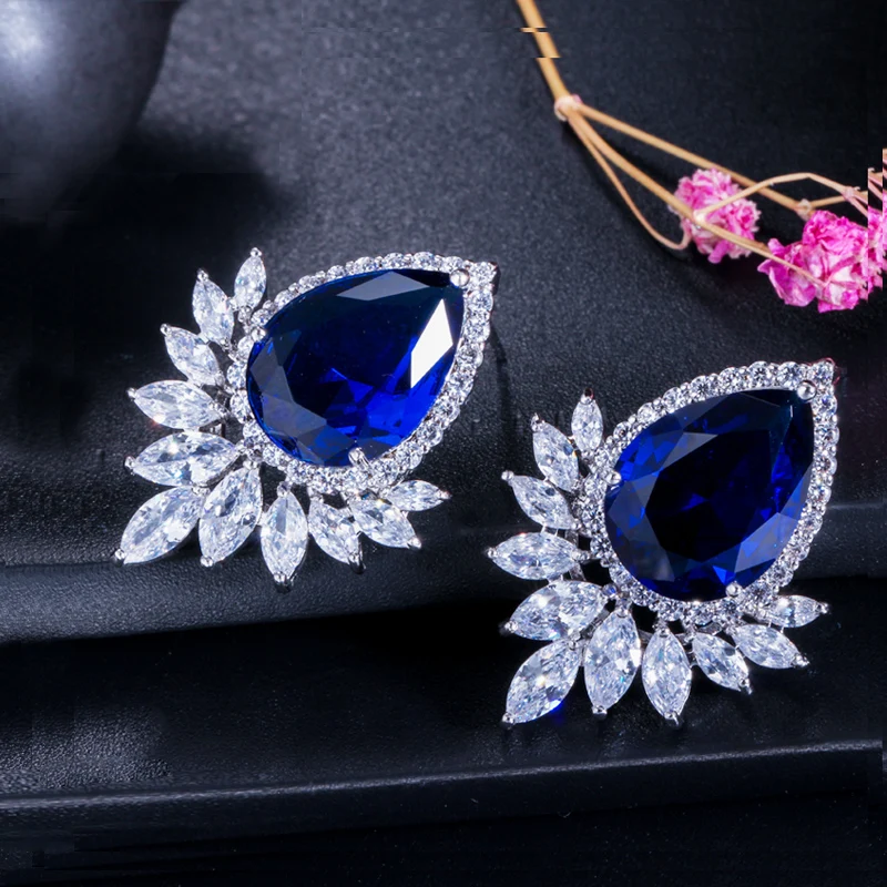 ThreeGraces элегантный для женщин CZ Diamante Jewelry прозрачный белый кубический цирконий большой капли воды листьев серьги гвоздики для вечерние ER302