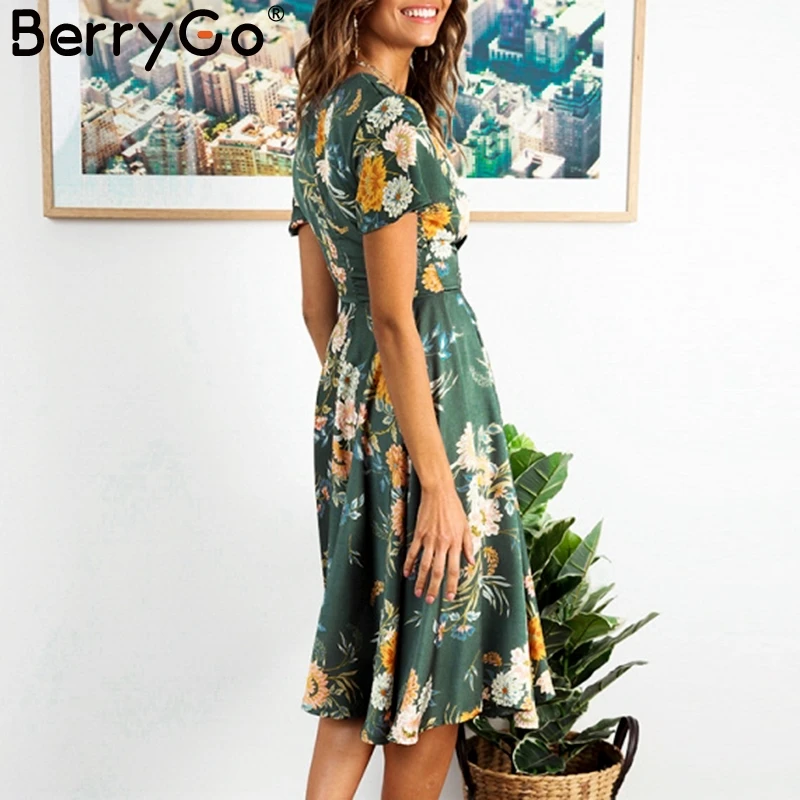 Женское платье с высокой талией BerryGo вечернее цветочным принтом и поясом