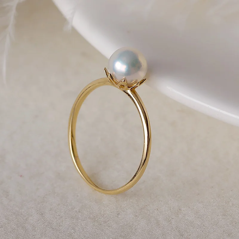 YS чистое 14k золото 6-6 5 мм белый натуральный японский Akoya жемчуг кольцо Свадебные