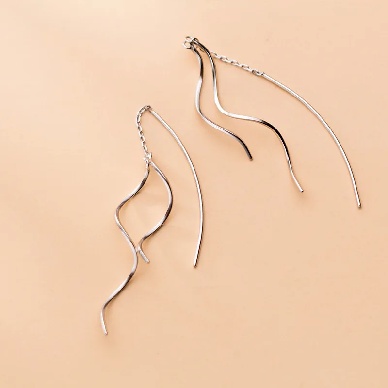 

18K Gold Bohi Real. 925 Sterling Silver jewelry Double Rows Twist Wave Threader dangle Tassel Earrings C-G2615