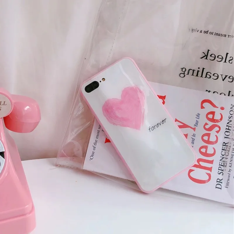Модный розовый чехол из закаленного стекла серии Love Heart с узором для iPhone XS MAX XR X 10 7