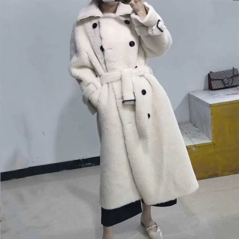 2022 BFFUR Long Woolen Jacket With Belt Real Fur Coat Turn Down Collar Women's Coats Natural Sheepskin Female Winter Outfit