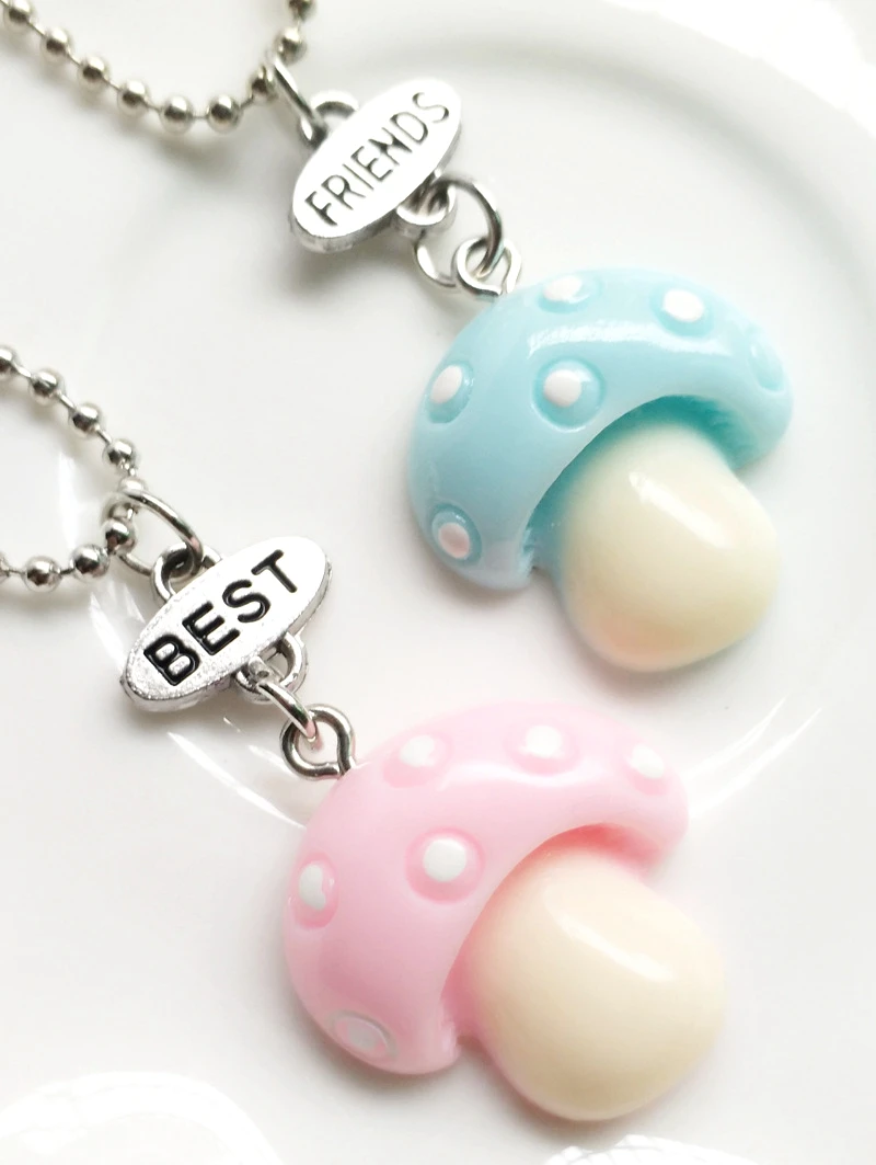 

Children Best Friends Cute Resin Simulation Pink Blue Mushroom Pendant BFF 2 Necklace Friendship Jewelry Gifts For Kids 10 Set