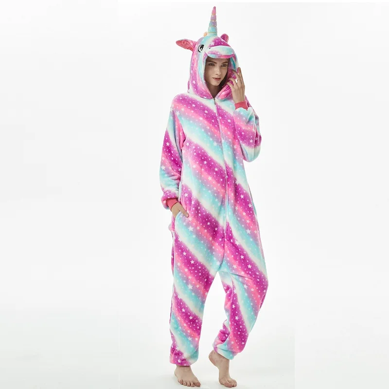 Glaxy Единорог кигуруми зима розовый полосатый Onesie для взрослых женщин мультфильм