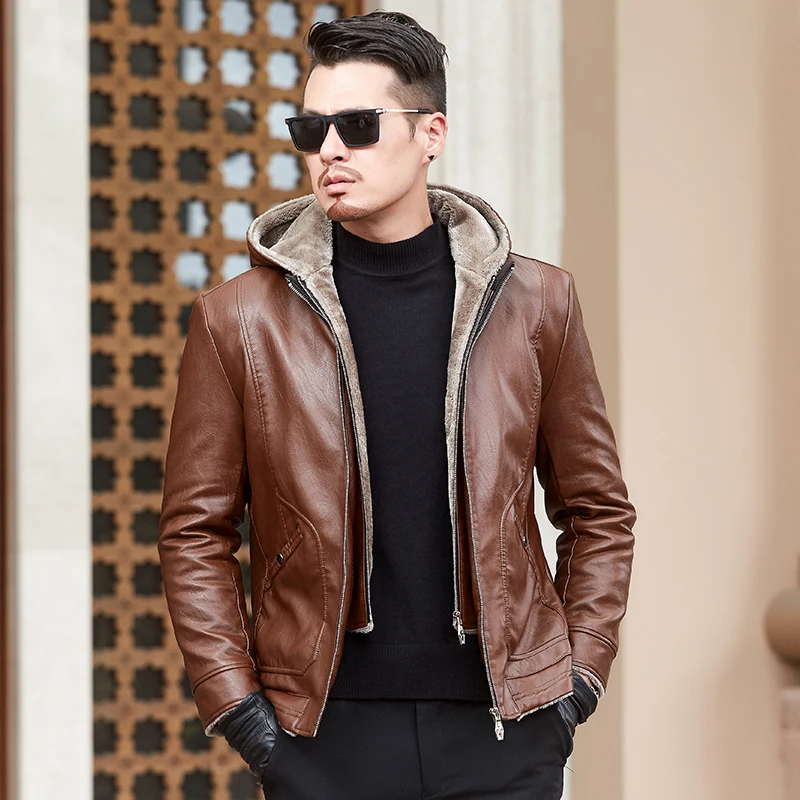 Большие размеры, L-6XL, мужское теплое зимнее пальто, кожаная зимняя куртка с капюшоном, меховая подкладка, кожаная куртка, верхняя одежда, парка, модная Съемная шапка