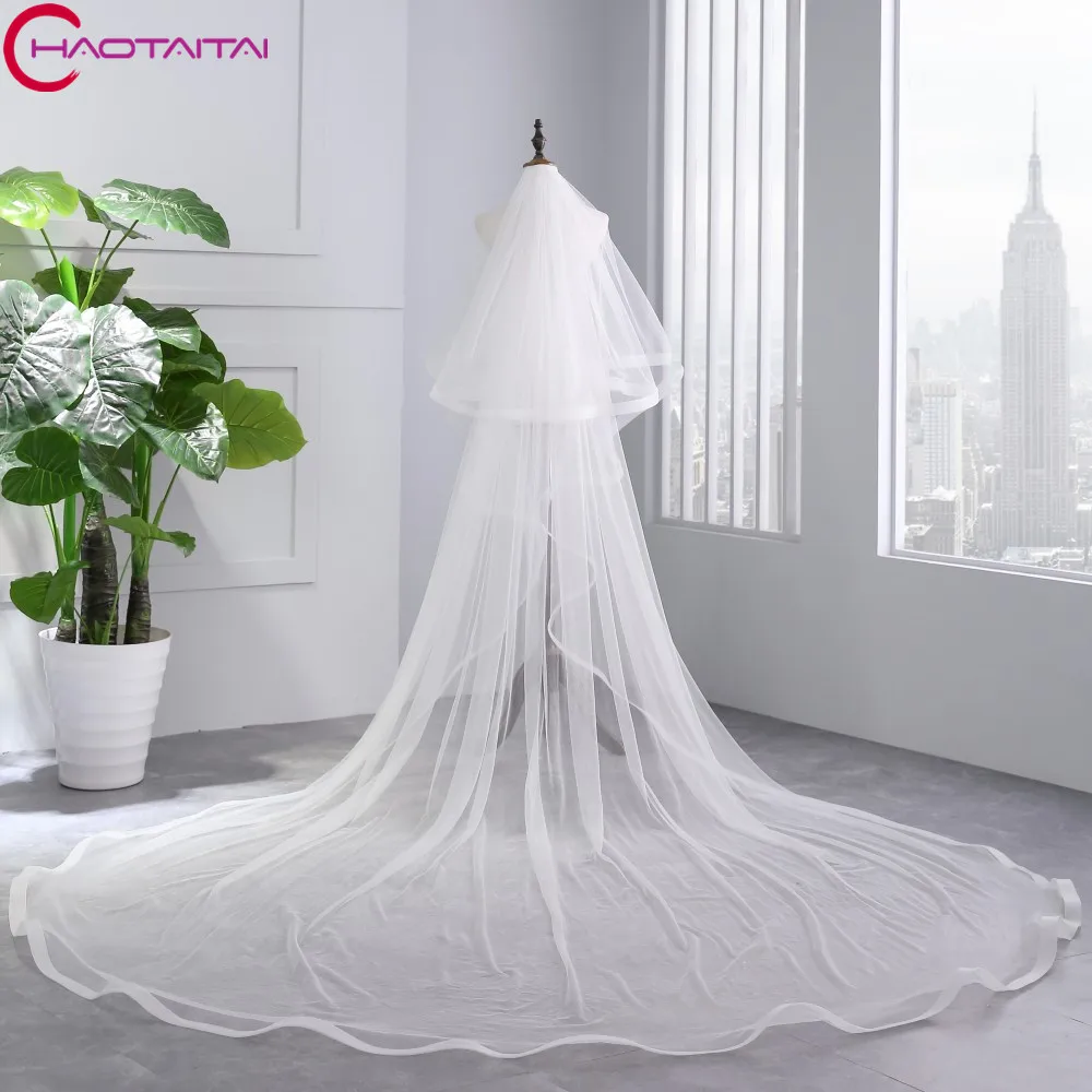 2018 White Ivory Cathedral Wedding Veils Long Ribbon Edge Bridal Veil with Comb Accessories Bride Mantilla | Свадьбы и торжества