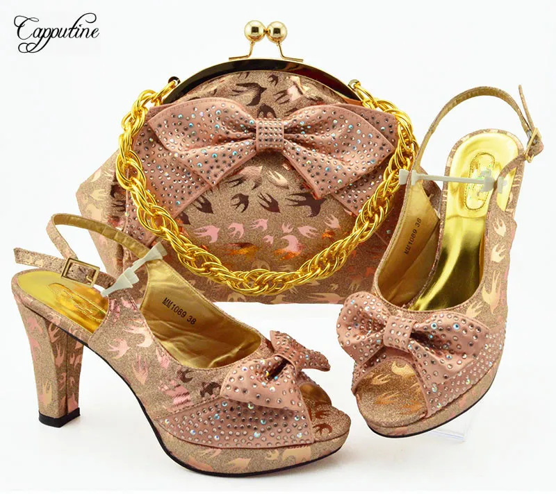 

Latest peach with rhinestones African high heel sandal shoes and evening handbag set MM1089, heel height 10cm