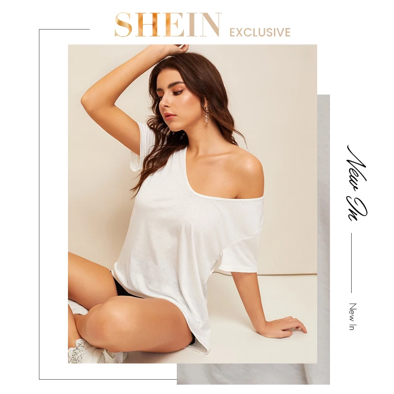 SHEIN однотонная женская футболка с v-образным вырезом и низким подолом,, белая однотонная летняя футболка с коротким рукавом
