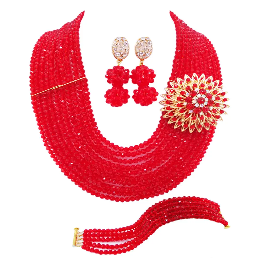 

Красные африканские бусы, ювелирный набор, хрустальное ожерелье, серьги, нигерийские Свадебные вечерние комплекты ювелирных изделий 10DSK06