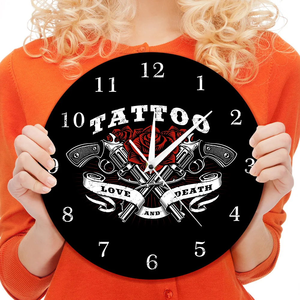Tattoo Logo Printed Wall Clock Love And Death Rose Guns Studio Gothic Decor Art The Tattooist Gift | Дом и сад