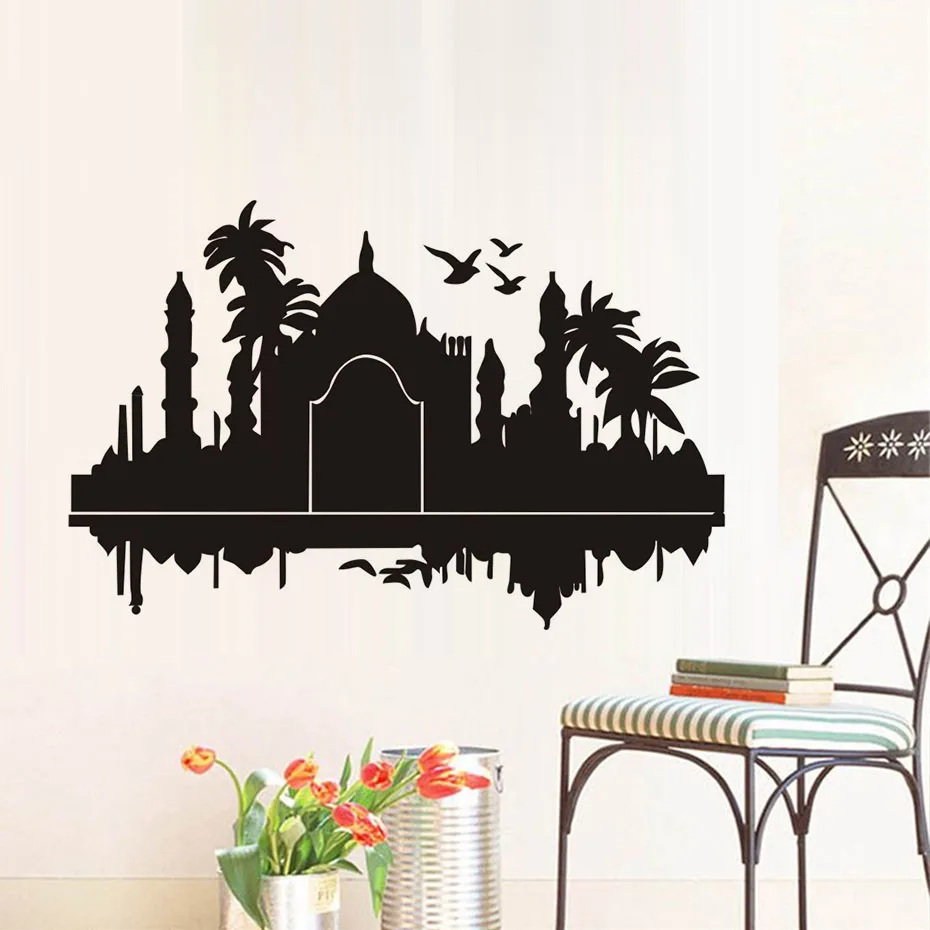 Taj Mahal индийские настенные наклейки пальмы птицы силуэт водонепроницаемый