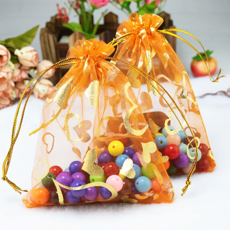 

200pcs Small Organza Bags 7x9cm Orange Gift Bag Wedding Christmas Gifts Candy Jewelry Packaging Bag Heart Print Organza Pouches