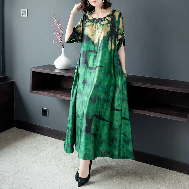 Женское свободное платье с круглым вырезом большого размера рукавом 2021 и принтом