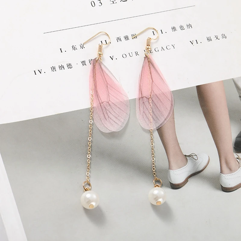 Elegant Korean Pink Butterfly Wings Drop Earrings Imitation Pearl Long Tassel For Women Jewelry Statement | Украшения и