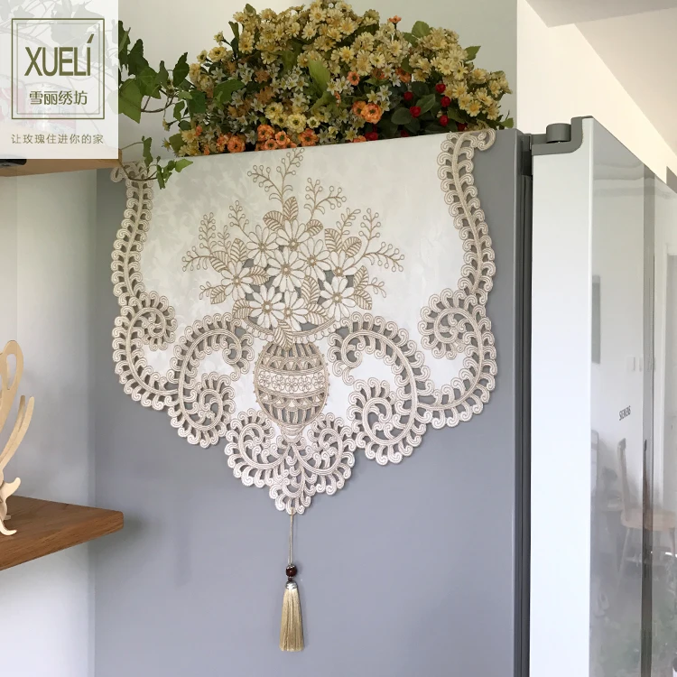 Роскошный чехол для холодильника с коричневыми цветами и кружевной вышивкой |