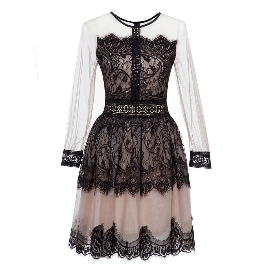Women elegant autumn dress indie folk color block fashion a-line lace tassel party sexy mesh patchwork female | Женская одежда