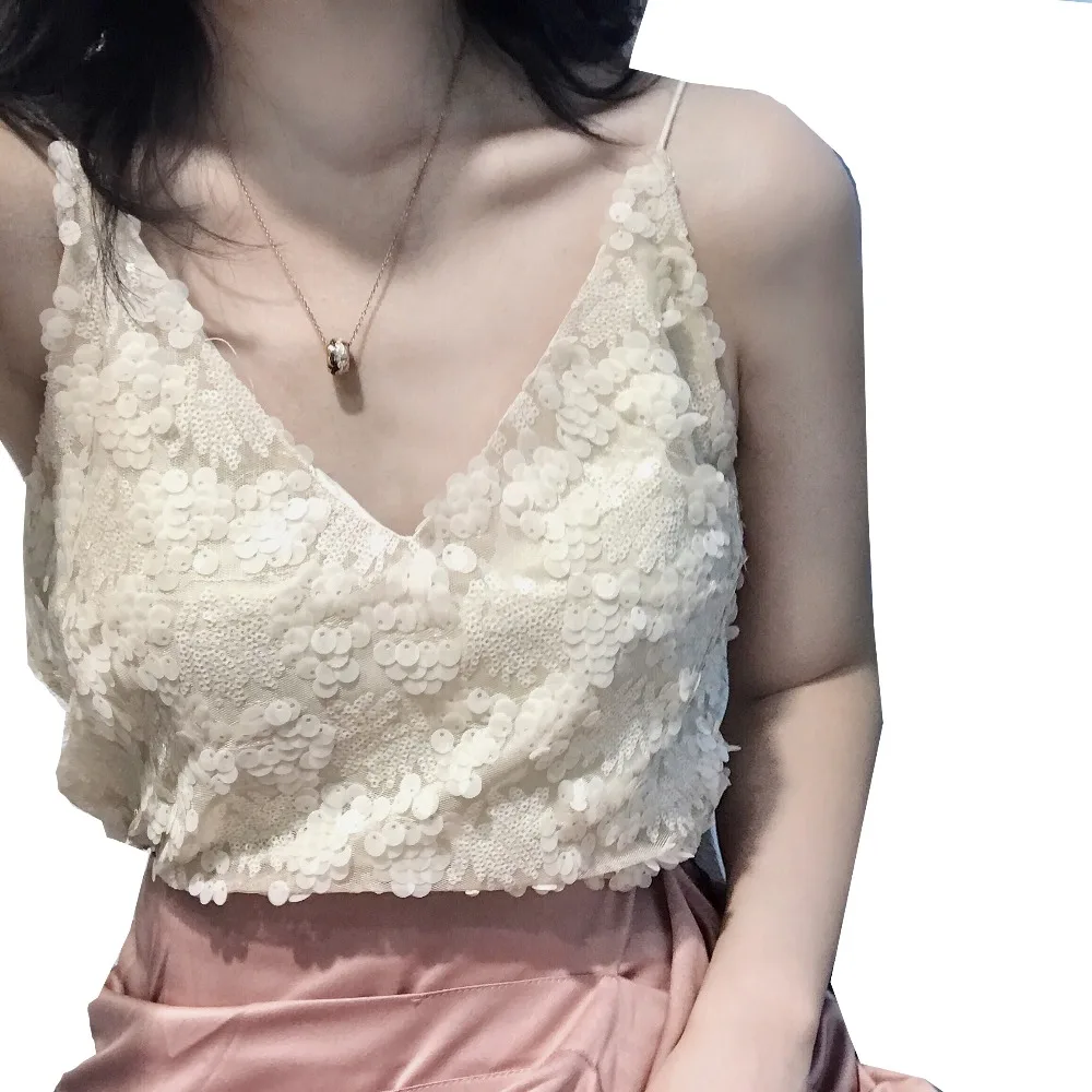 Новый летний женский жилет с блестками топ v образным вырезом без рукавов