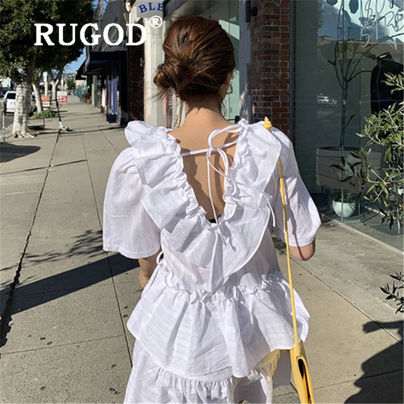 RUGOD корейское белое кружевное женское платье с оборками Элегантное летнее