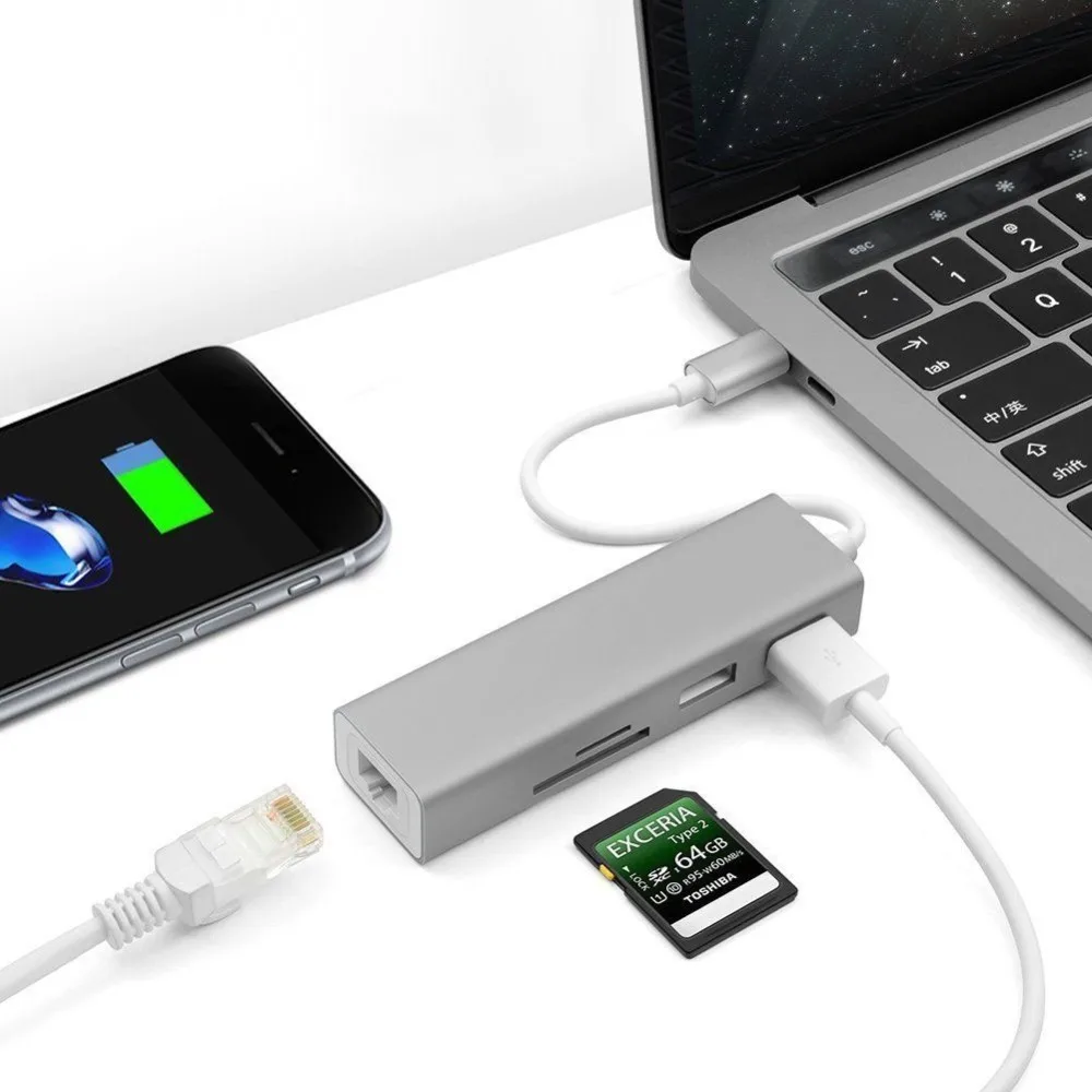 USB-C концентратор Тип C Порты и разъёмы 5 in1 с 2 портами (стандарт 3 0 LAN SD карты сетевой