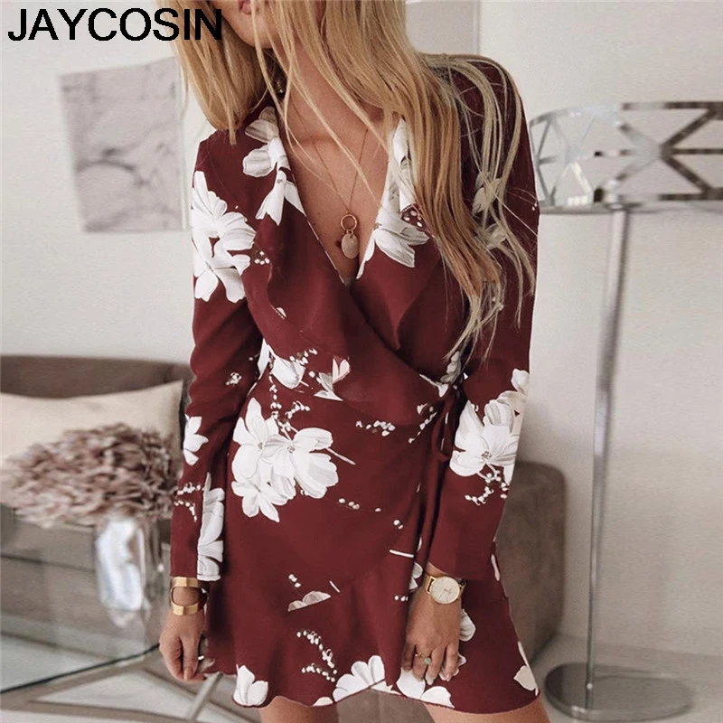 JAYCOSIN 2019 Новинка весна осень повседневные красные с длинным рукавом V образным