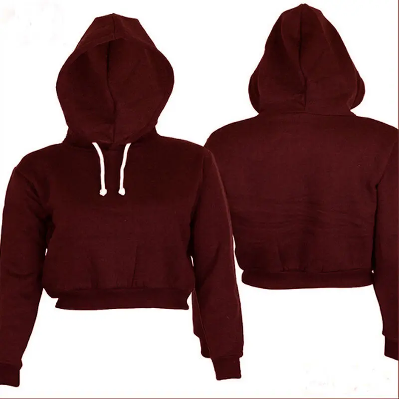 New Womens Solid Plain Hangover Crop Top Hooded Full length Sleeves Hoodie Sweatshirt
