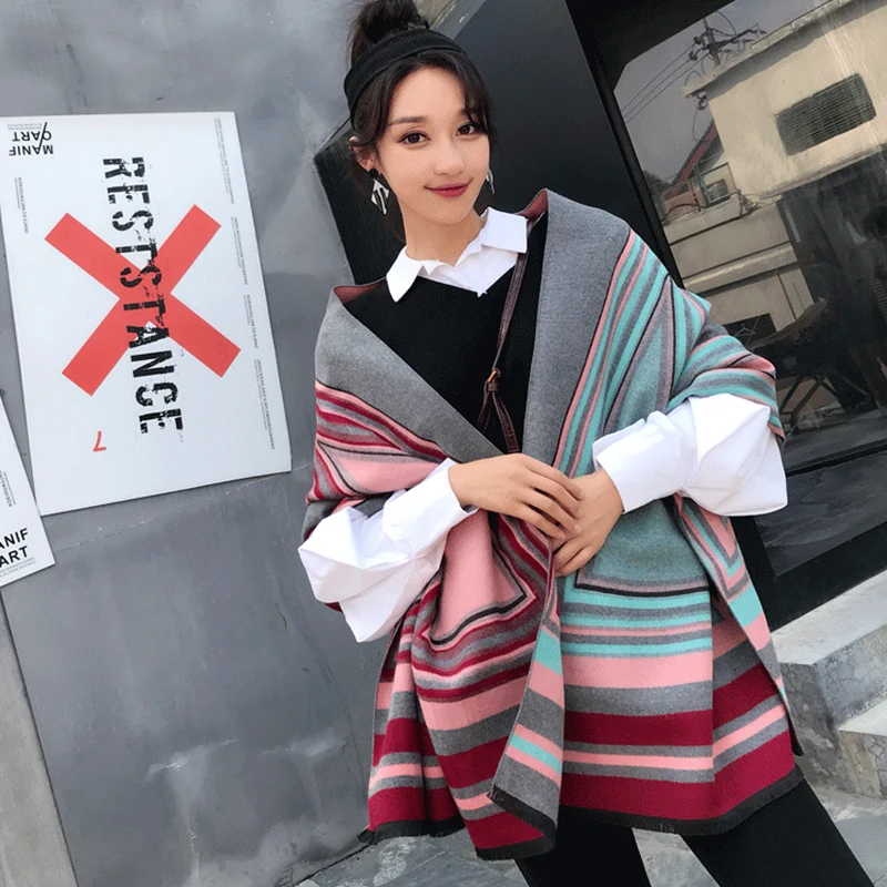 Imitation Cashmere Women Vintage Stripe Comfortable Casual Scarf Winter Warm Shawl Long Wrap Bandana Soft Female Thick Blanket |