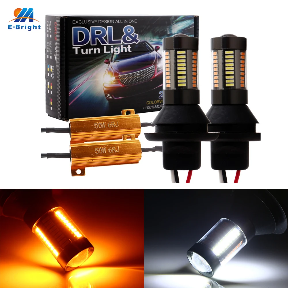 YM E-Bright 4 шт. T20 W21/5 Вт 7440 4014 66SMD 12В водить автомобиль, дневной свет светильник s поворота светильник переключатель двойной Функция резистор лампы белый/желтый