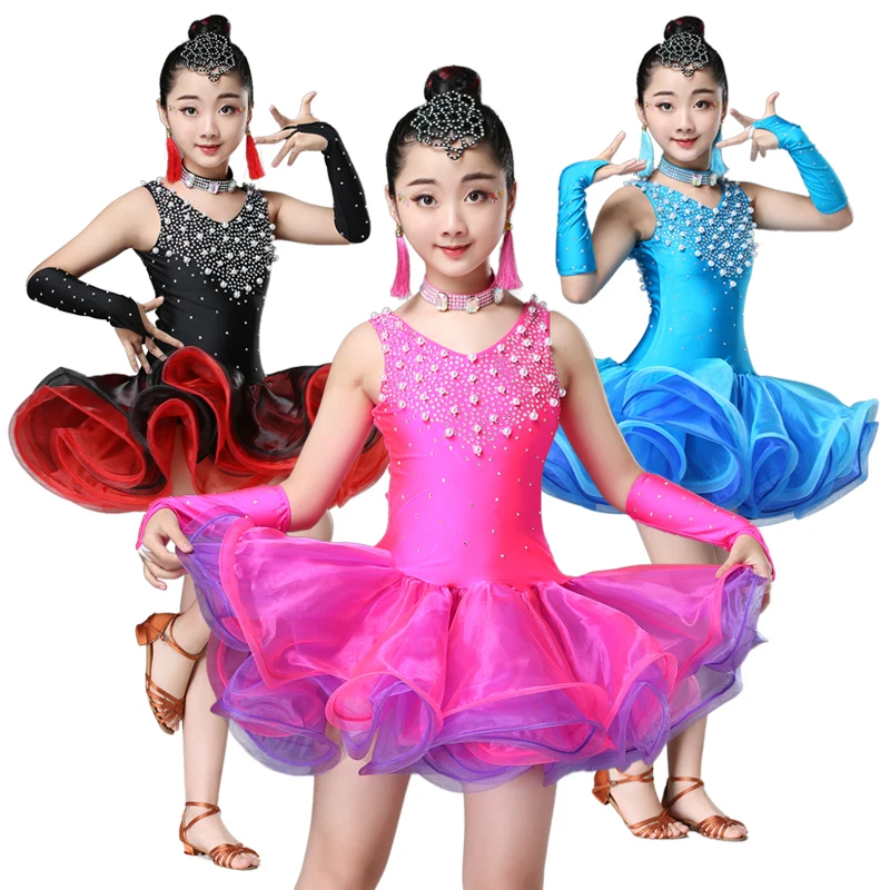 

Новинка, черное, синее, розовое, красное платье для латиноамериканских танцев для девочек, детские платья для конкурсов латиноамериканских ...